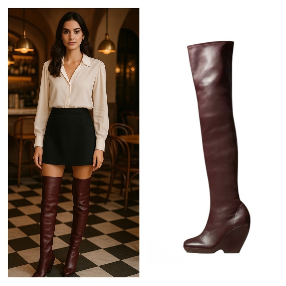Khaite Red Over Knee Boots Leather Burgundy OTK 7.5 Stretch Wedge Heel NIB 🟡